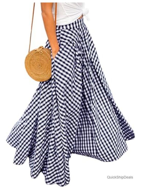 Dresses & Skirts - Womens Plaid Maxi Skirt High Waist A-Line Pleated Long Skirt